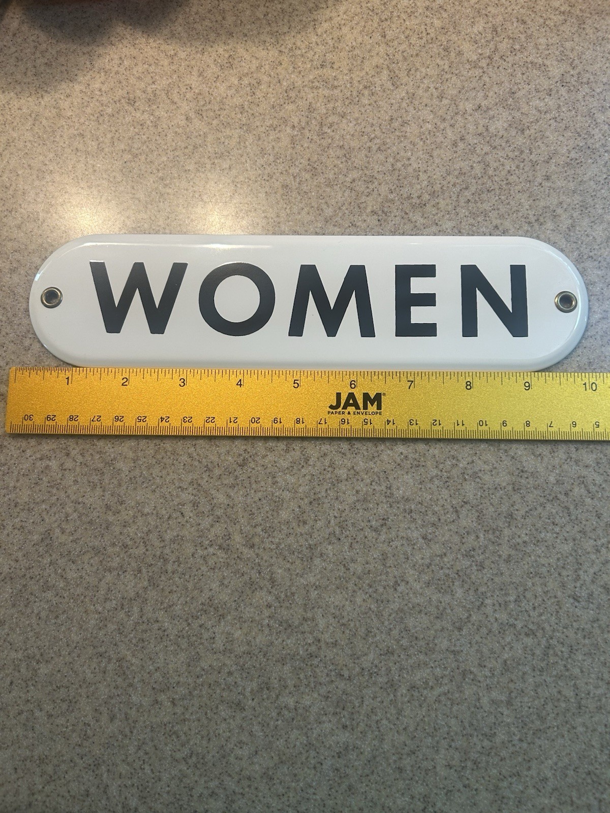 Vintage Porcelain Enamel Women Restroom Sign White With Black Letters 10”x2.5”