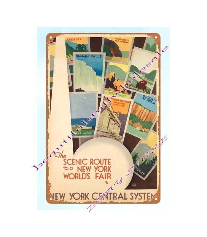 1939 Scenic Route to world’s fair metal tin sign New York Central System travel