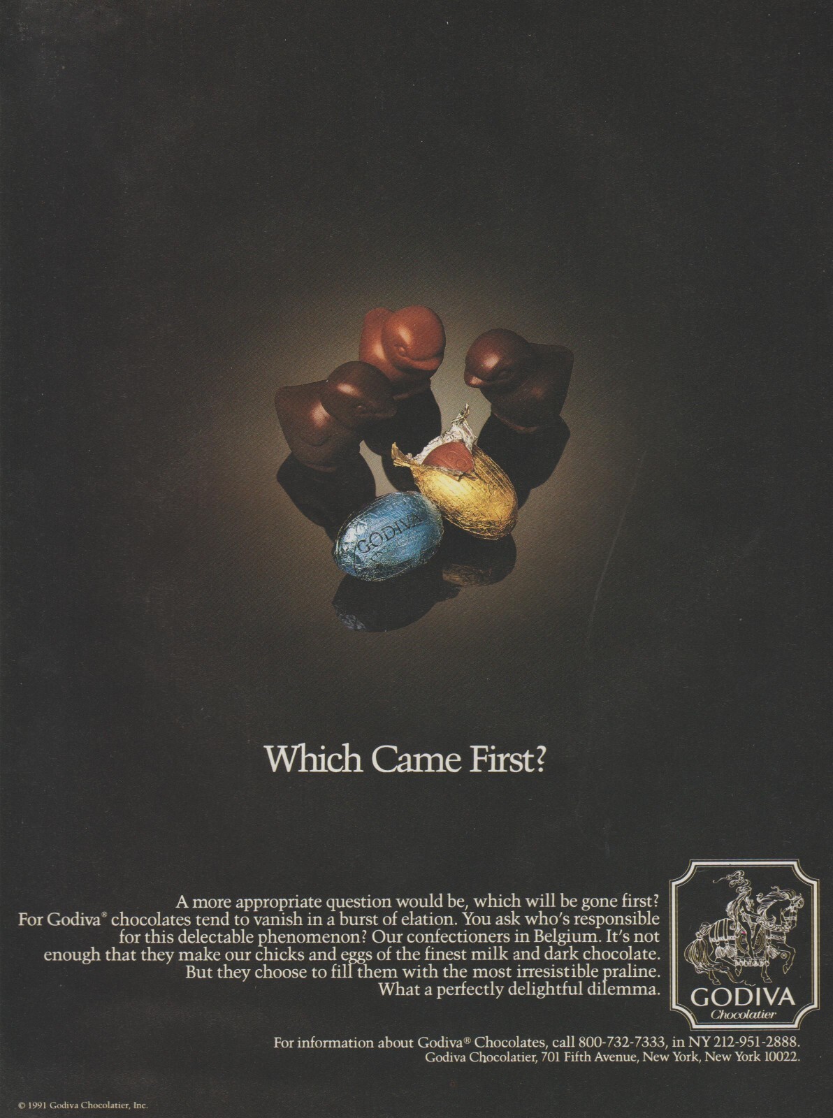 1991 Godiva Chocolates – Chicks And Eggs – “Which Came First” – Print Ad Photo