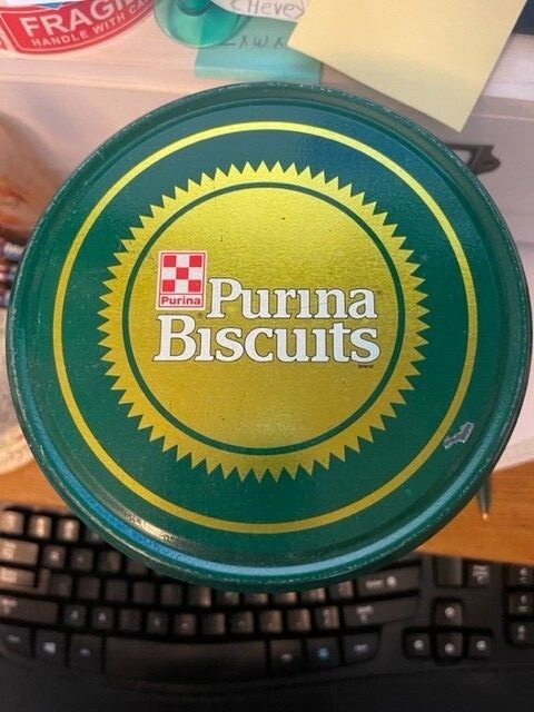Vintage Purina Dog Biscuits Steel Tin Canister Treat Container With Lid