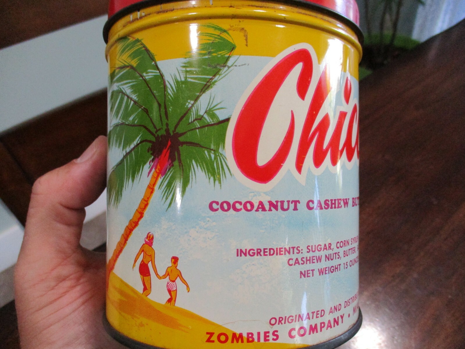 Zombies co. Chicos cocoanut cashew butter thins Island palm tree ocean beach tin