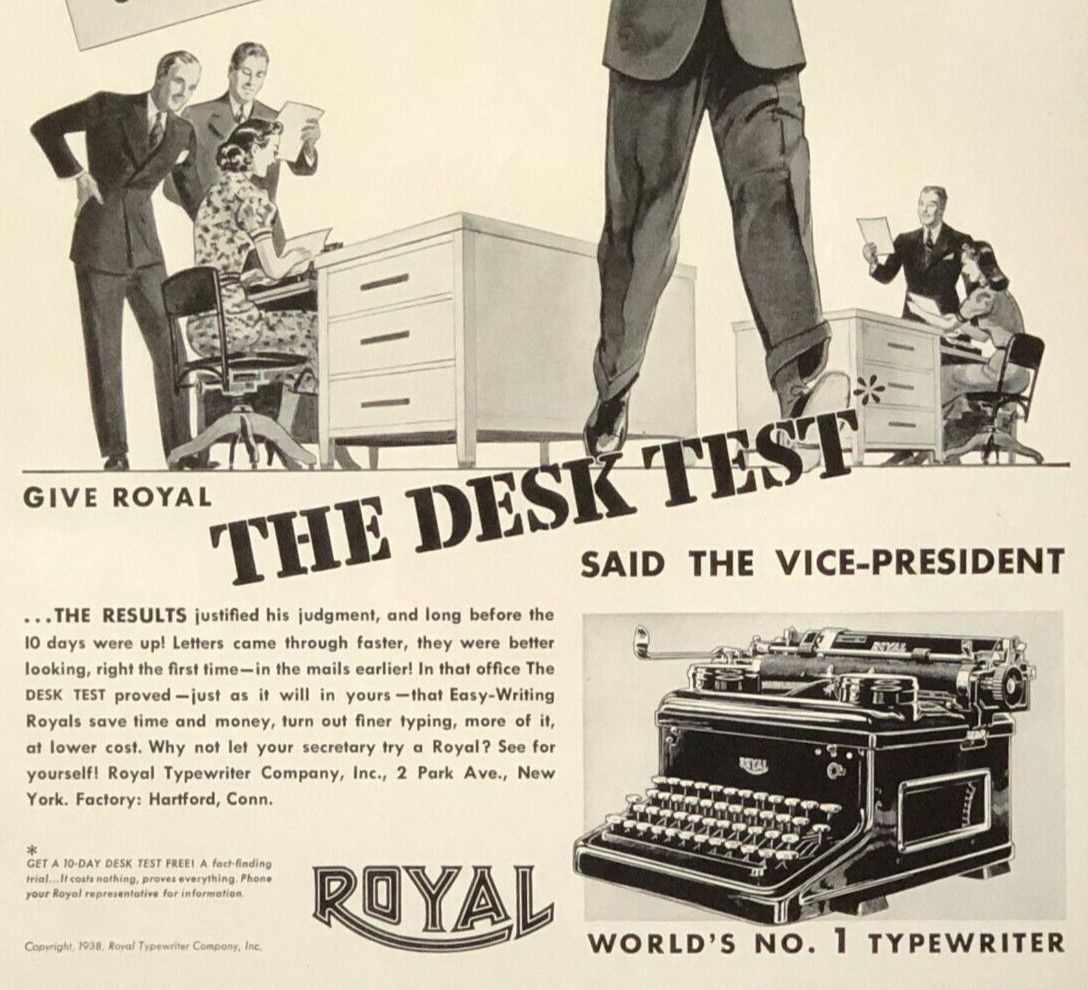 1938 Royal Typewriter Advertisement Desk Test Business Office Men Vtg Print AD