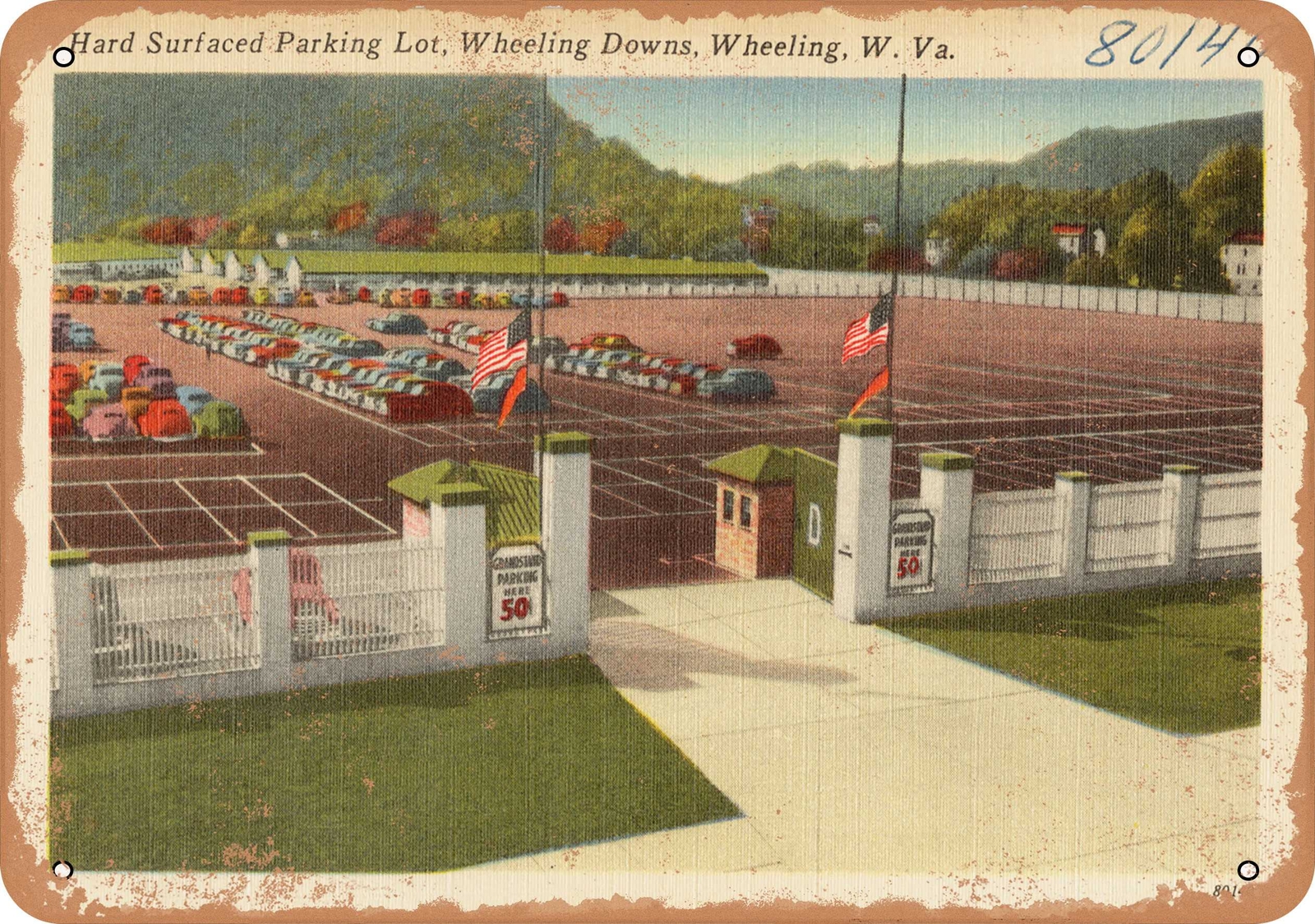Metal Sign – West Virginia Postcard – Hard surfaced parking lot, Wheeling Downs