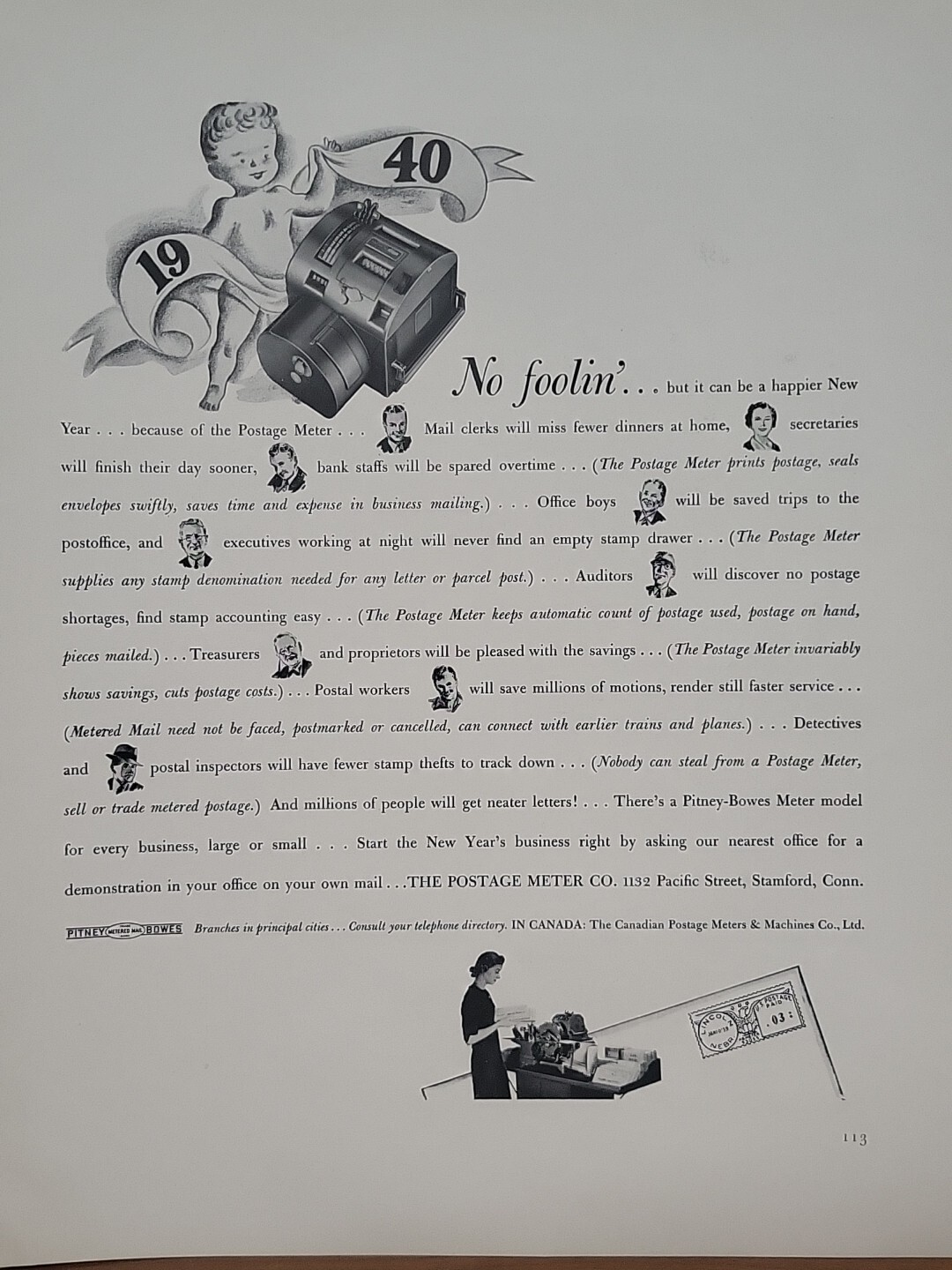 1940 Pitney Bowes Postage Meter Co. Fortune WW2 Print Ad Q1 Stamford