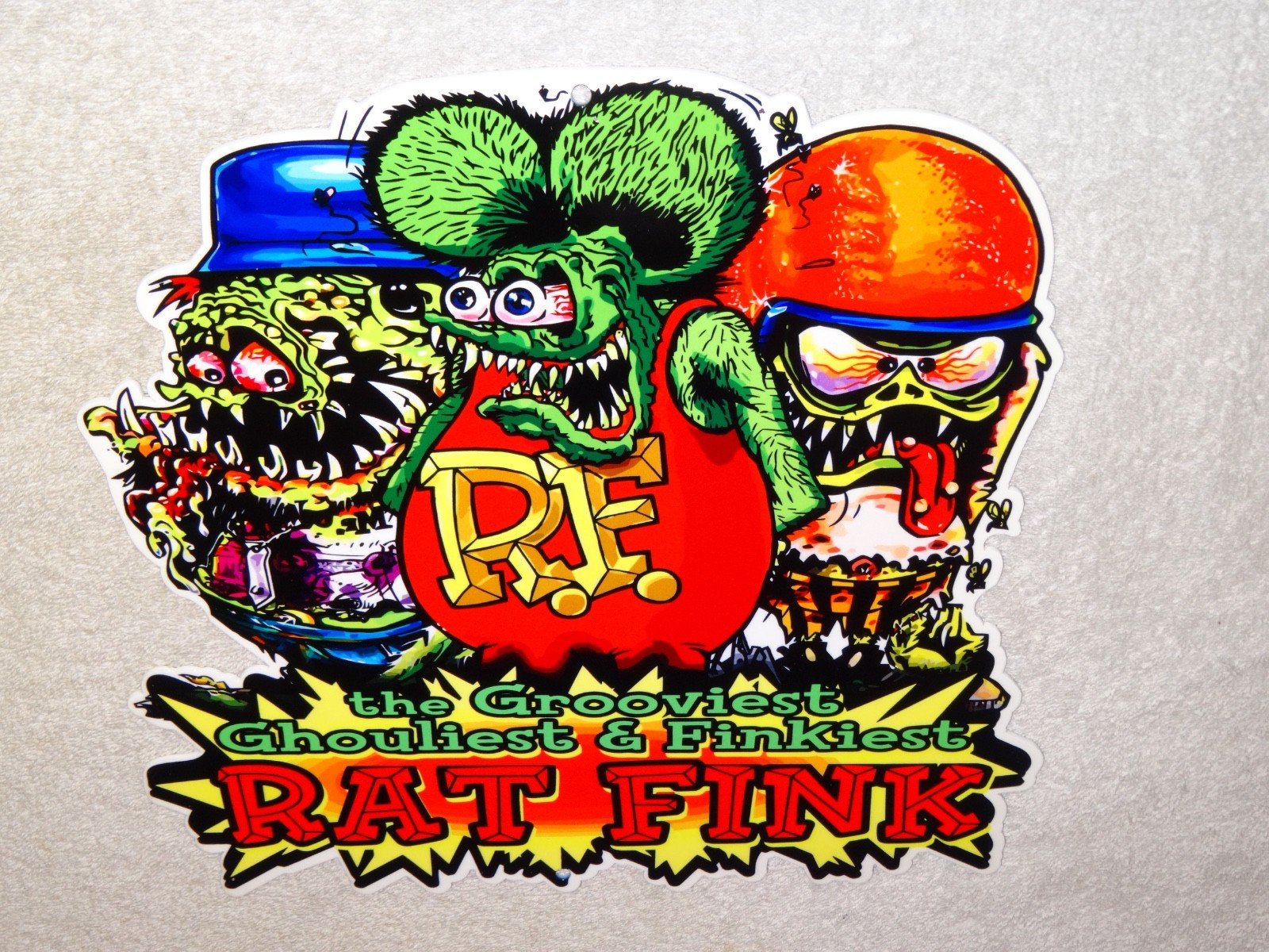 VINTAGE RATFINK W/ 2 MONSTERS ED ROTH PORCELAIN METAL RAT FINK GASOLINE OIL SIGN