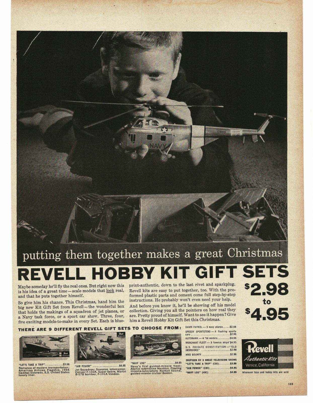 1956 Revell Hobby Kit Gift Sets little boy with model helicopter Print Ad