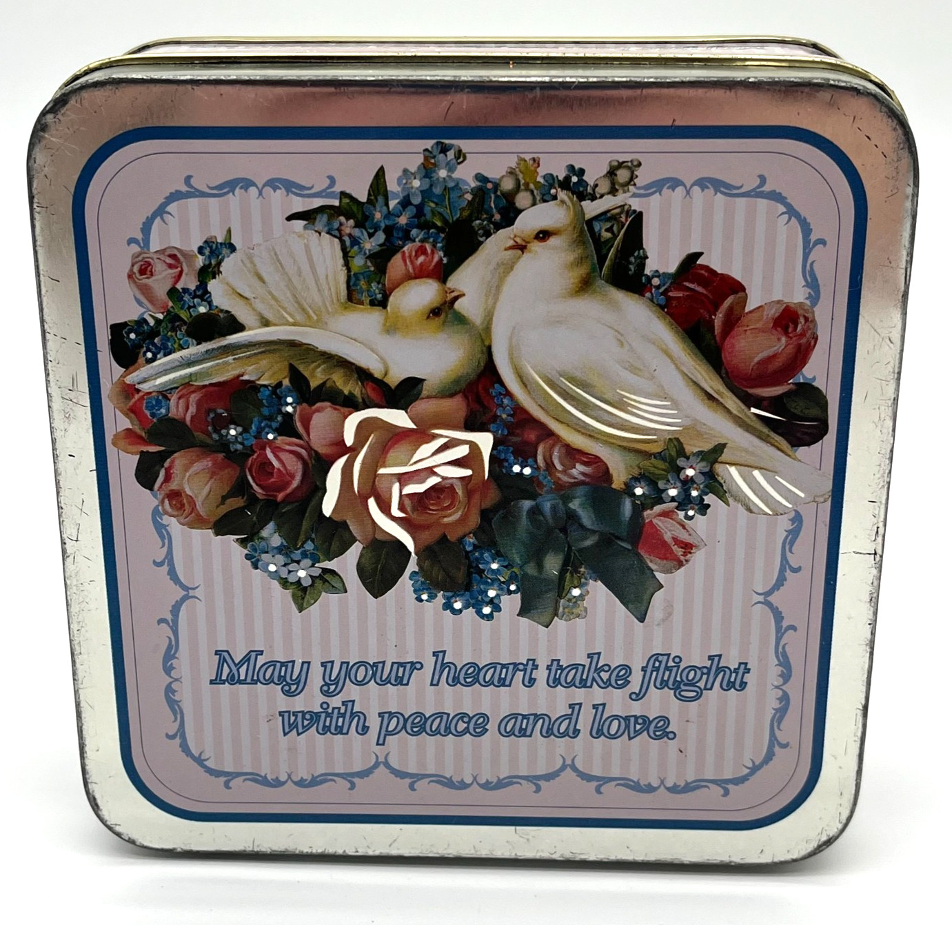 Vintage Giftco Inc. Metal Tin Dove Flowers Heart Peace Love 4.5 Inch Square