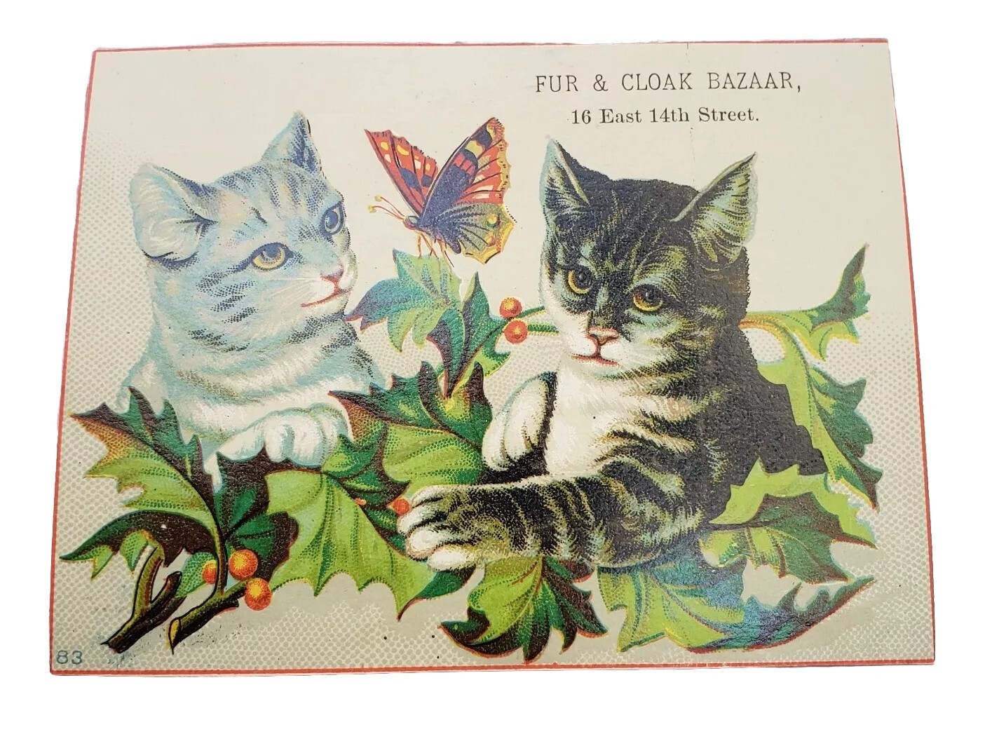 Kittens Victorian Trade Card c1880s Fur & Cloak Bazaar East 14th St. Holiday