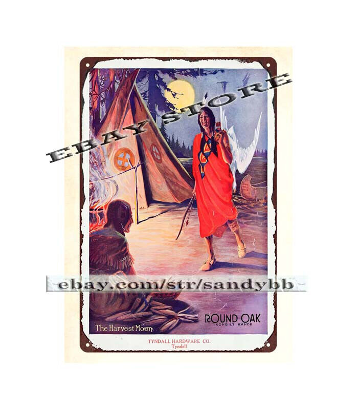1919 ROUND OAK STOVES RANGES native American woman cooking tin sign garage bars