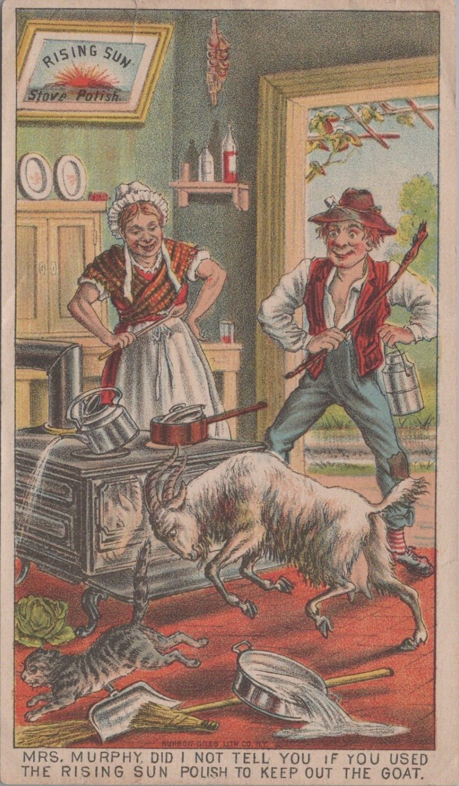 Rising Sun Stove Polish Goat Head Butting Cat Mrs Murphy Spilling Kettle IPV3
