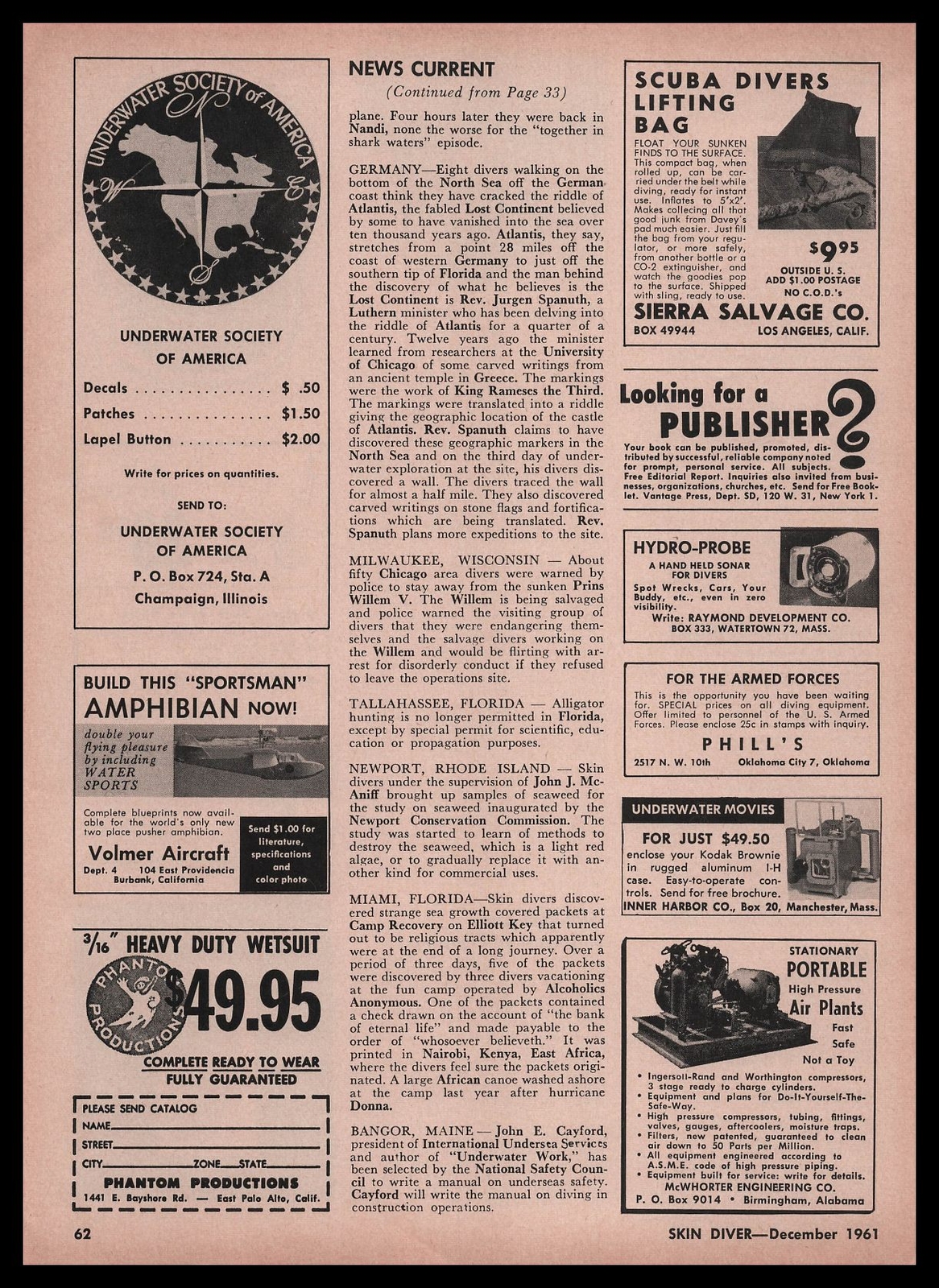 1961 Volmer Aircraft Burbank CA “Sportsman” Amphibian $1.00 Blueprints Print Ad