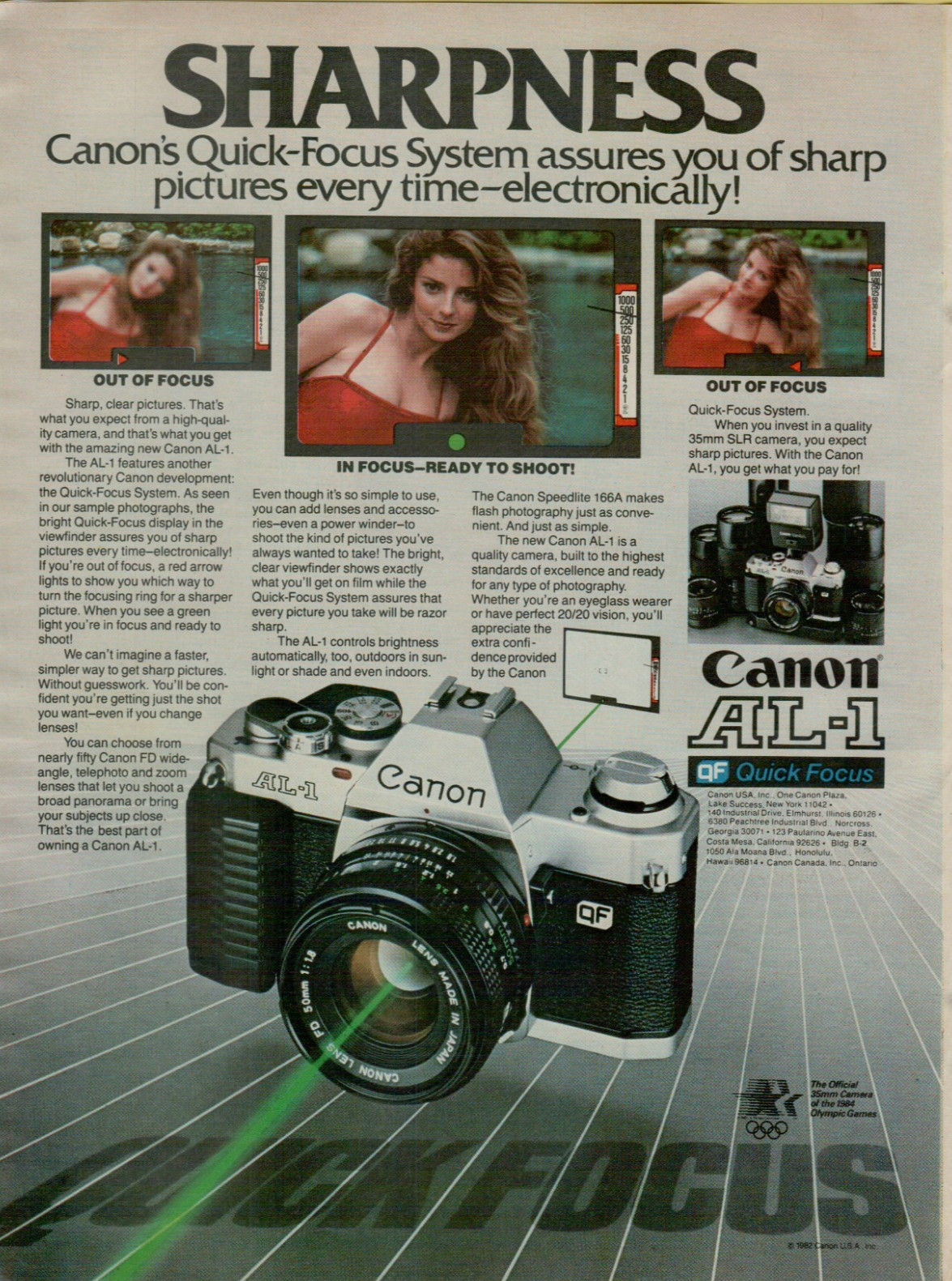1982 Canon AL-1 Quick Focus 35mm Film Camera Redhead Dress VINTAGE PRINT AD