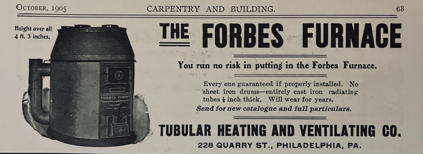 1905 AD(N2)~TUBULAR HEATING & VENTILATING CO. PHIL., PA. THE FORBES FURNACE