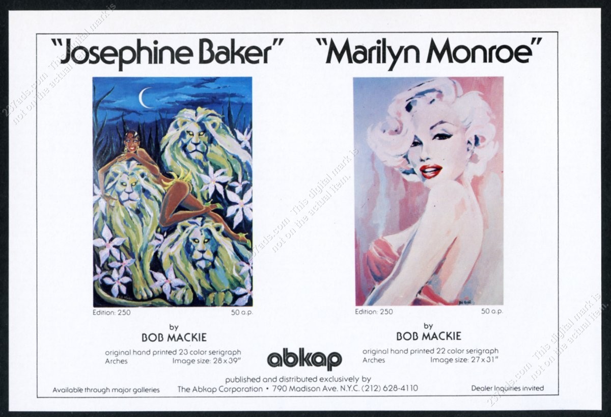1977 Bob Mackie Marilyn Monroe Josephine Baker art Abkap vintage print ad