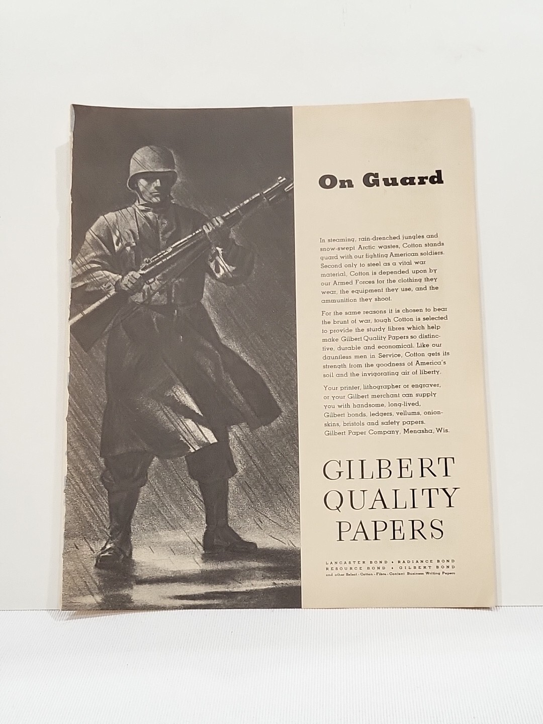 1943 Gilbert Quality Papers Fortune WW2 Print Ad On Guard Army Soldier Rifle