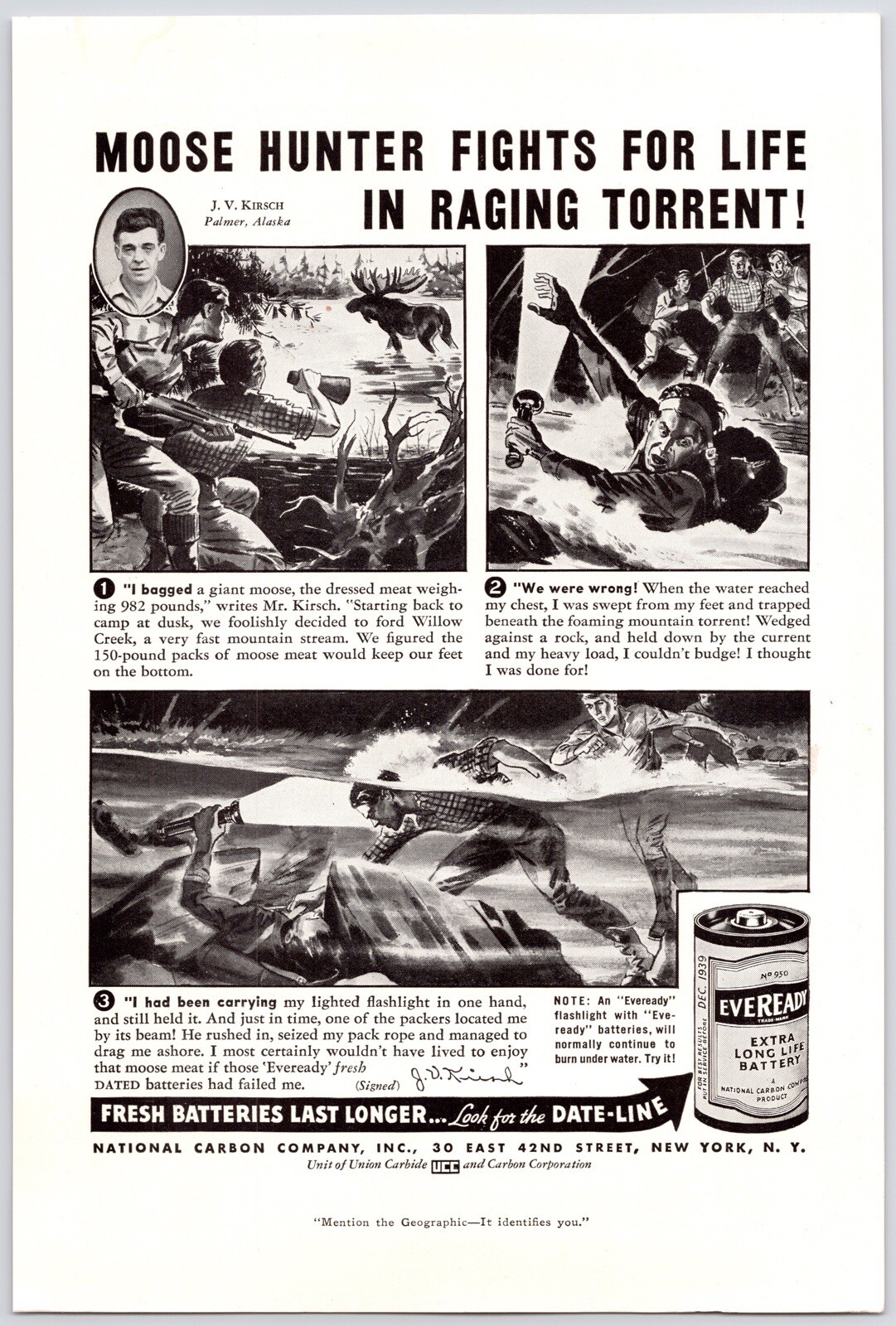 1934~Eveready Flashlight Battery~MOOSE HUNTER~Vintage Print Advertisement