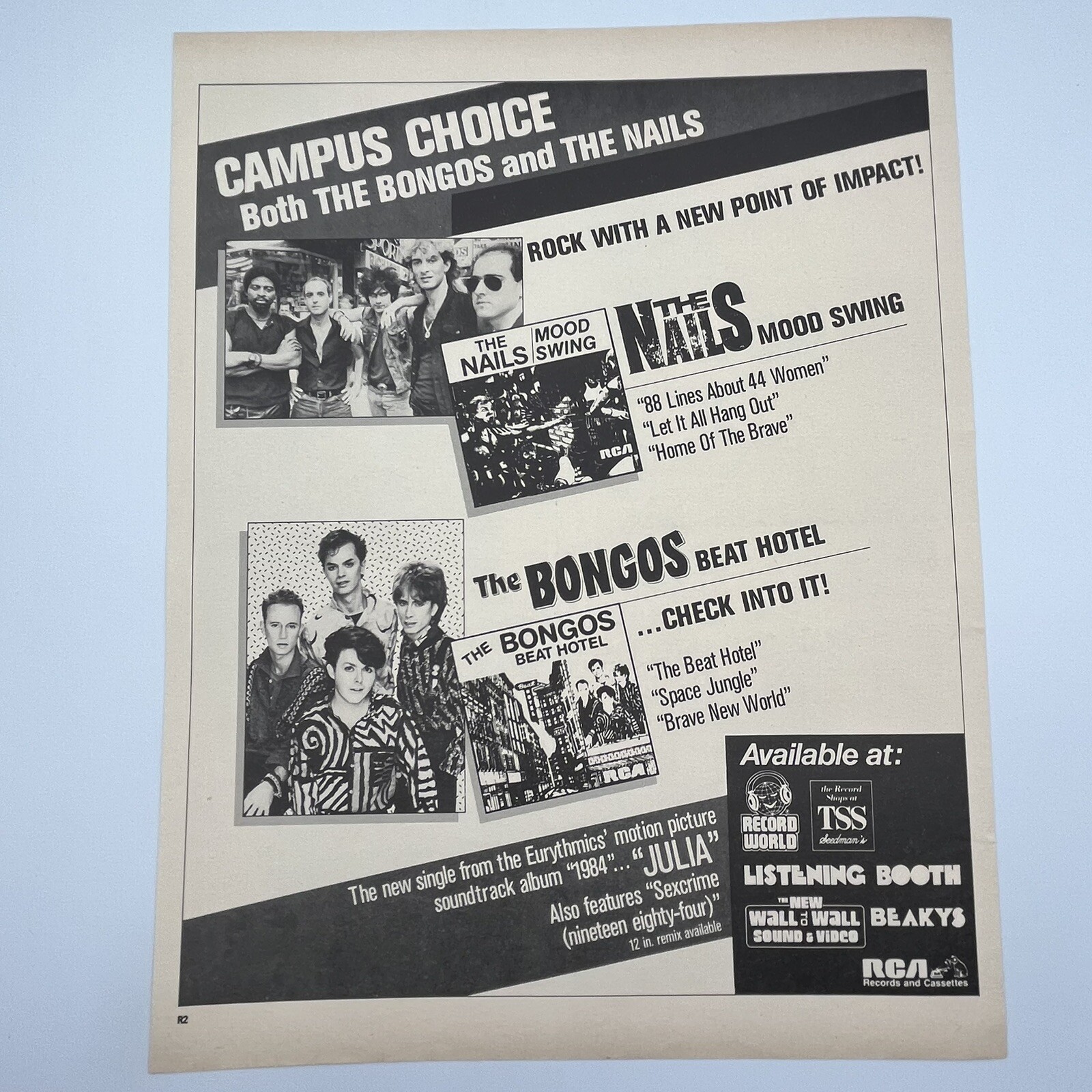 The Bongos The Nails Record World 1985 Promo Print Ad 9.5″x12″ Listening Booth