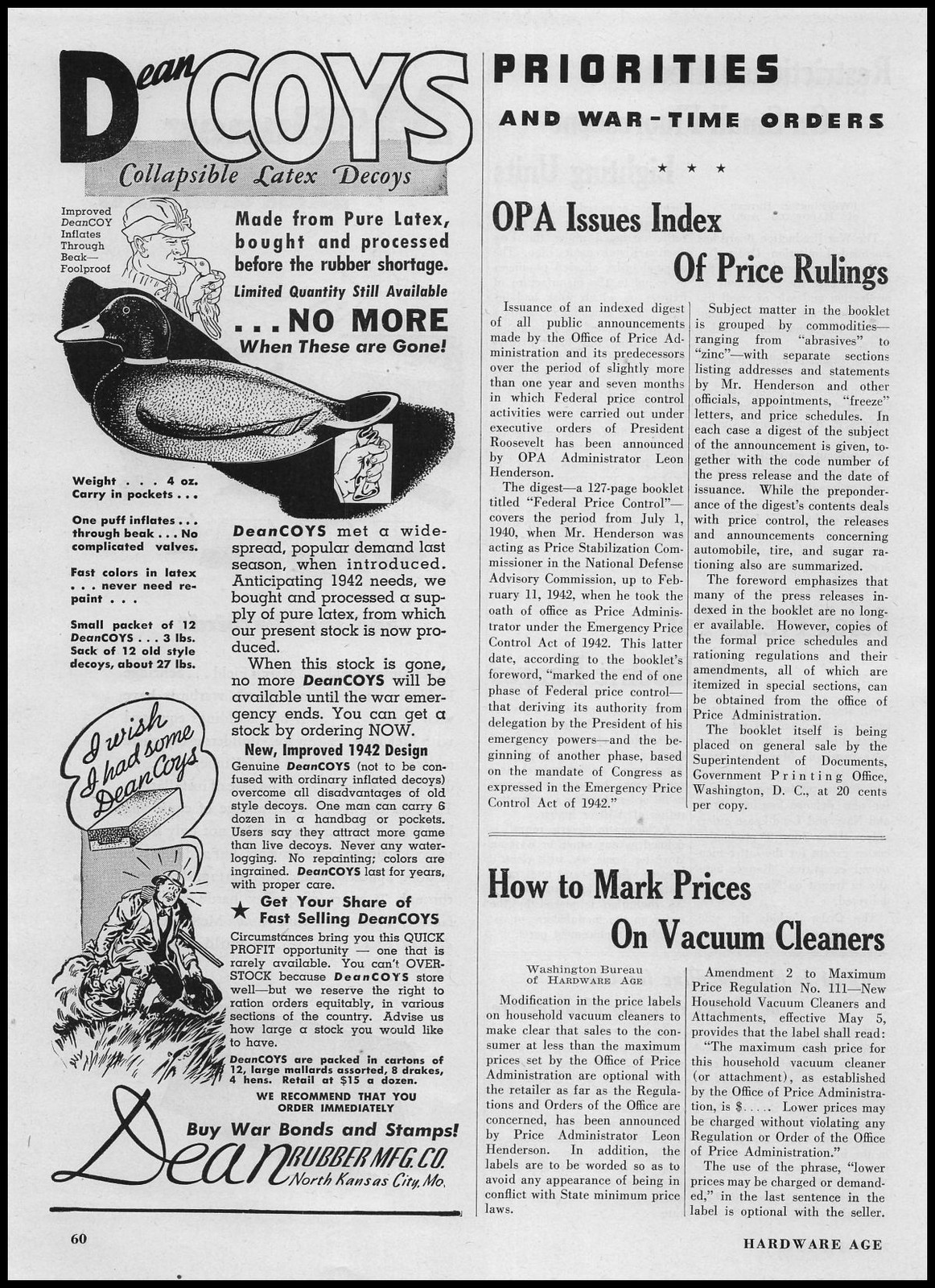 1942 Dean Rubber Mfg Co. North Kansas City Missouri Duck Decoys Vintage Print Ad