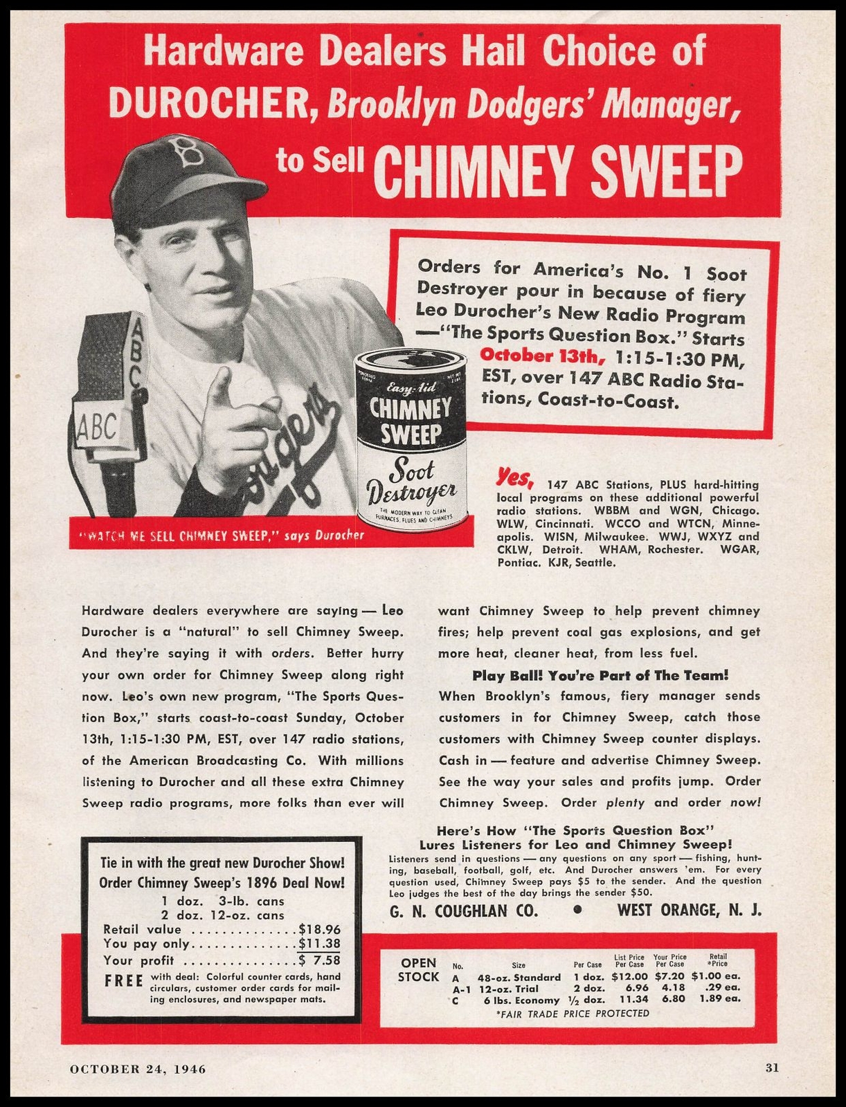 1946 Leo Durocher Brooklyn Dodgers Manager Photo Chimney Sweep Vintage Print Ad