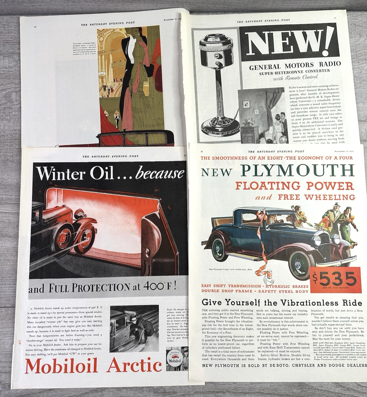 Lot of 4 Sat Eve Post 1931 Print Ads Mobiloil Artic, Plymouth, Lasalle, GM Radio