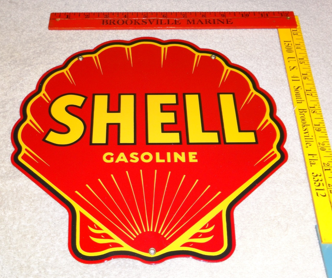 VINTAGE SHELL GASOLINE RARE RED 11 3/4″ PORCELAIN METAL SERVICE STATION OIL SIGN