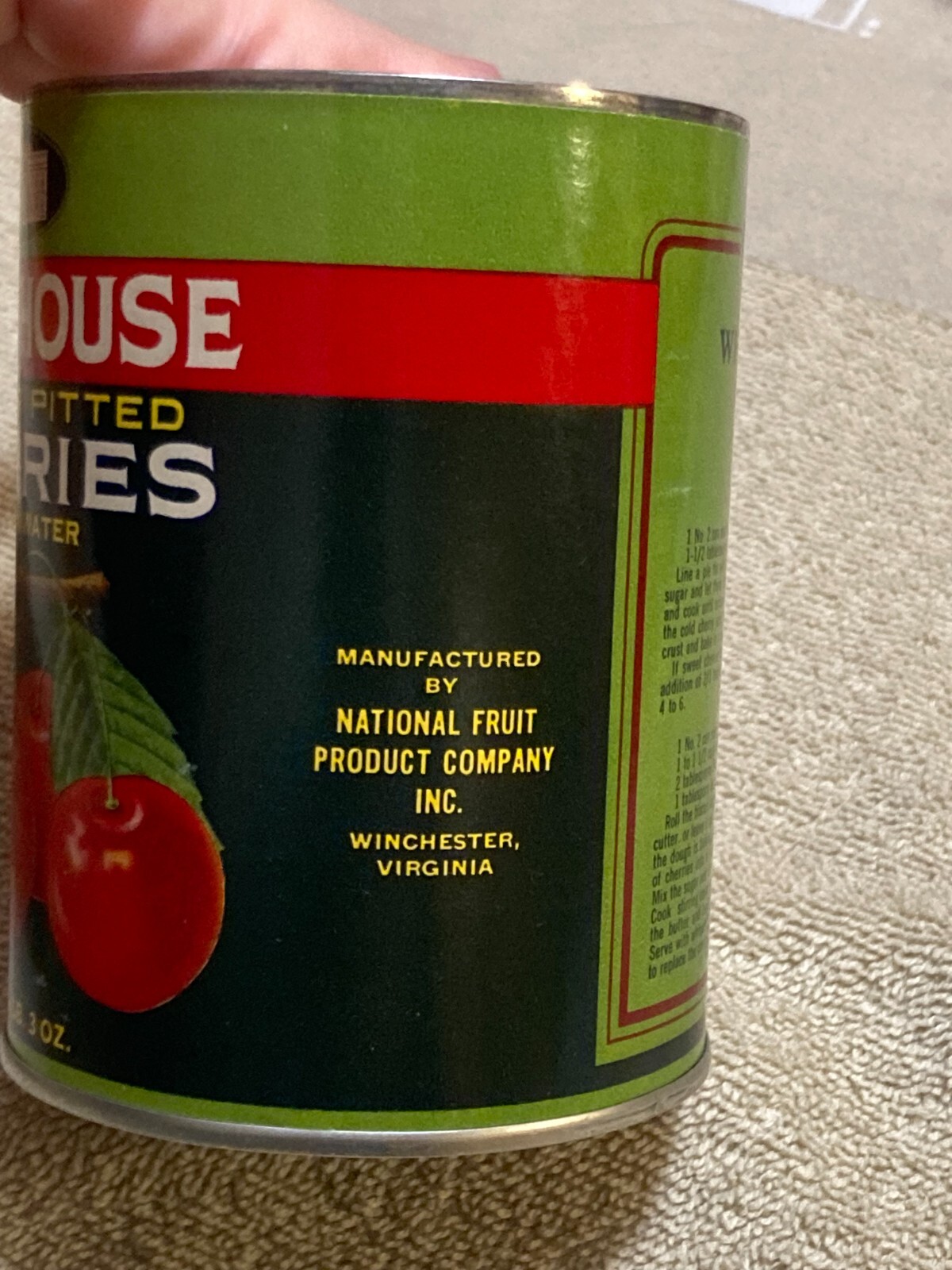 White House Red Sour Pitted Cherries Black Background Paper Label On Metal Tin