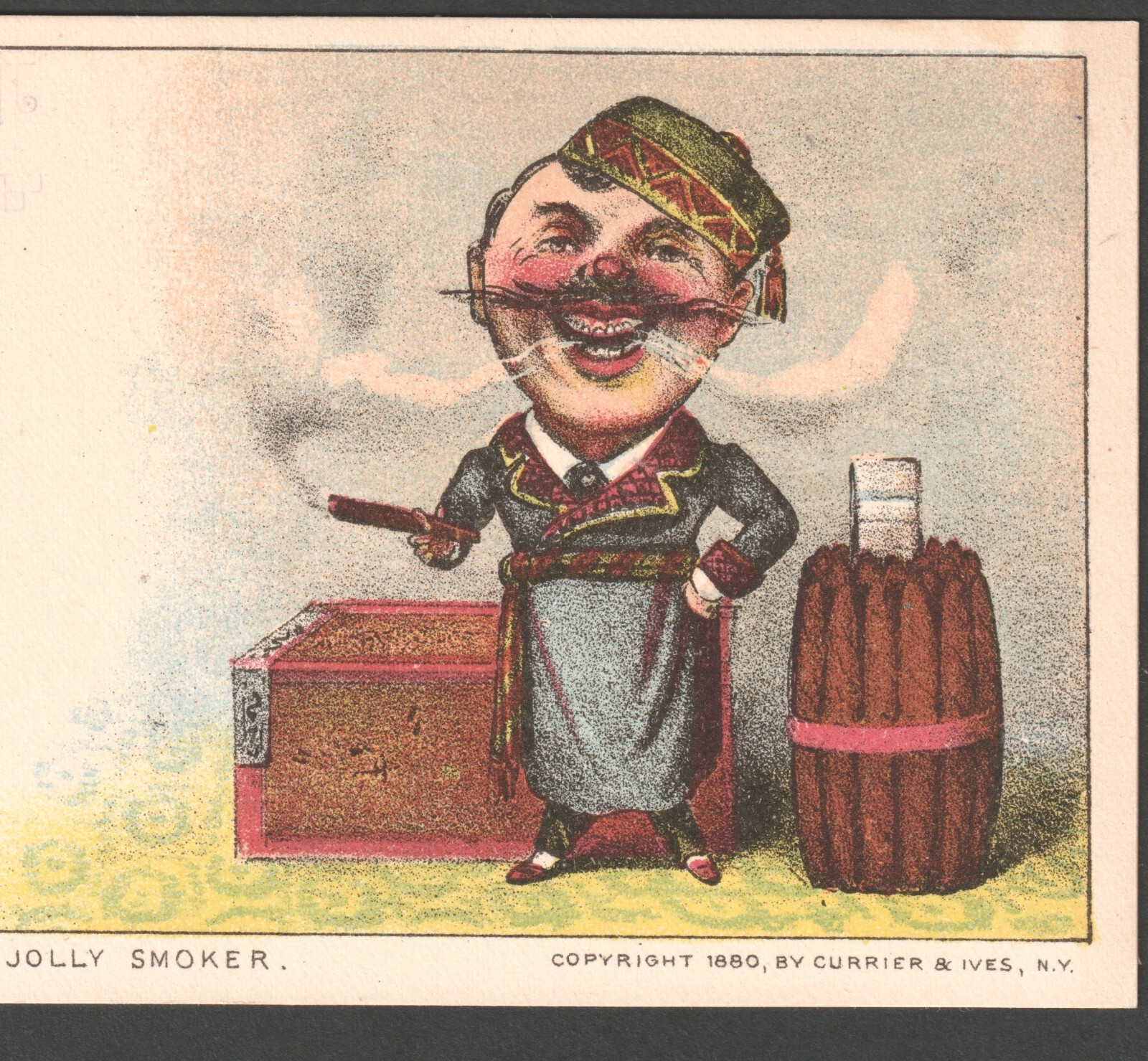 Antique 1880 Currier & Ives Jolly Smoker Cigar Comic Tobacco Trade Card SR.132
