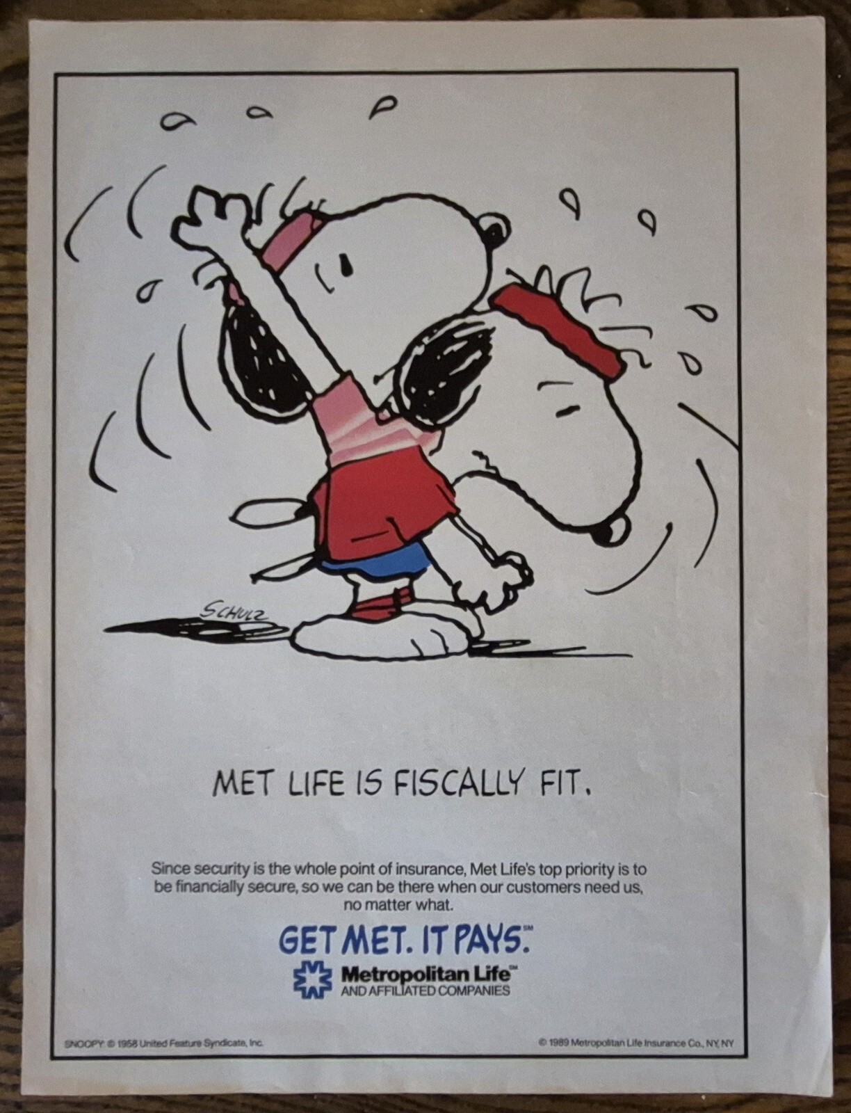Peanuts Snoopy 1989 Met Life Insurance Print Ad