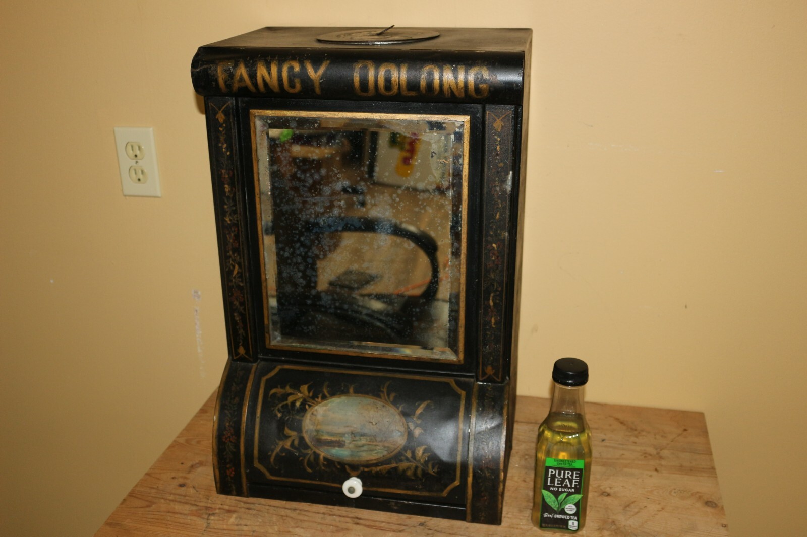 Antique 1800’s Fancy Oolong Tea 22″ Tin Bin General Store Display W/Mirror Sign