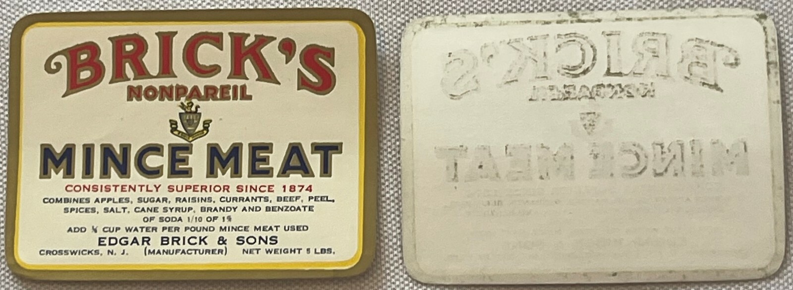 Antique 1910s-1930s Brick’s Nonpareil Mince Meat Label, Edgar Brick & Sons NJ
