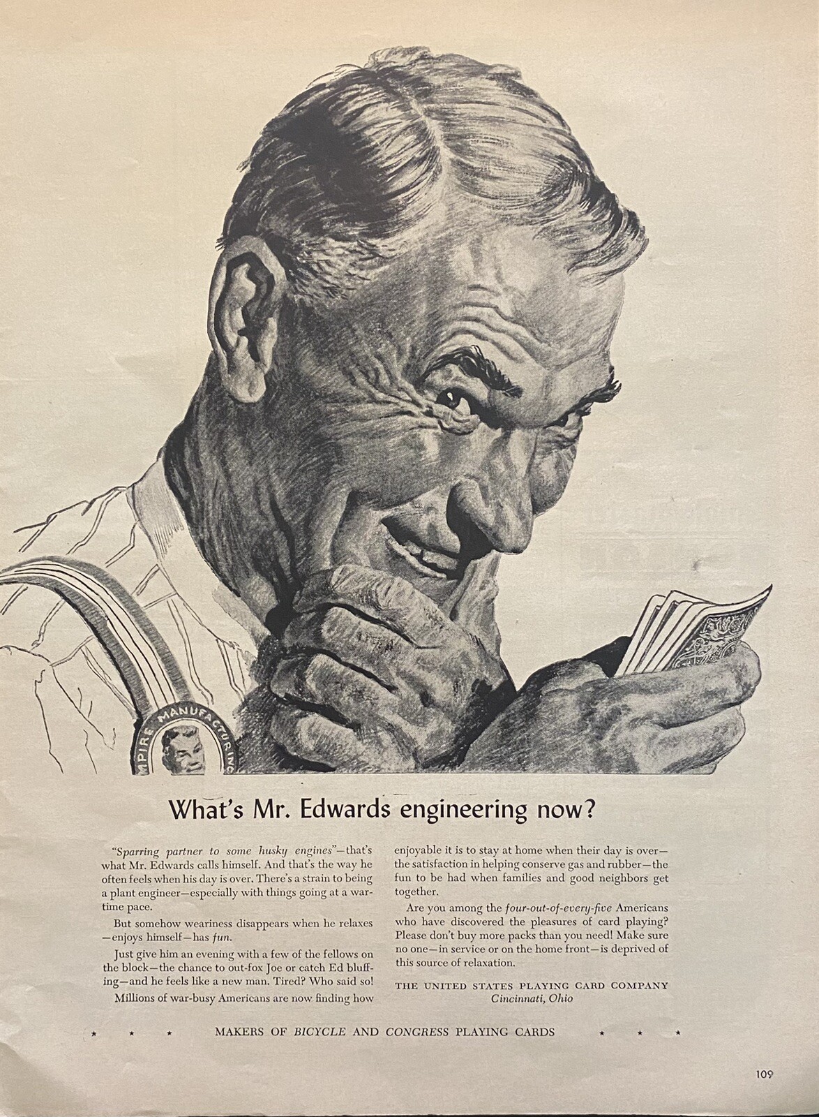 Vintage 1943 Print Ad Bicycle Congress Playing Cards Life Magazine Ephemera WW2