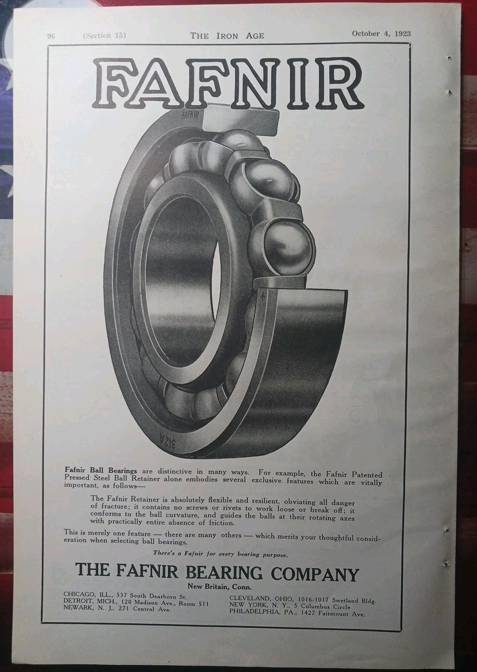 1923 Print Ad ~ FAFNIR BEARING COMPANY New Britain Connecticut Steel Ball