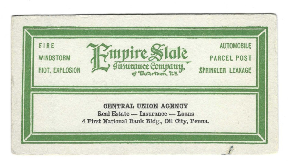 Old Blotter Empire State Insurance Watertown NY Central Union Agency Oil City PA