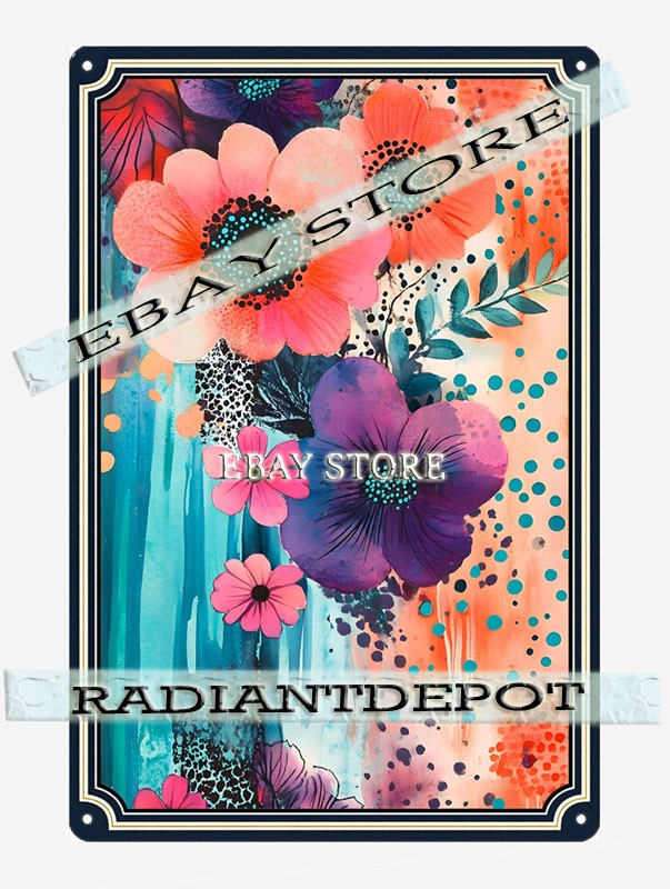 Coral Bloom Metal Tin Sign Blue Pink Abstract Floral Art