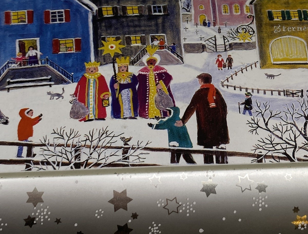 VNT Winter Schmidt Christmas Cookie Tin 3 Wise Men, Ice Skating Snowy Scene