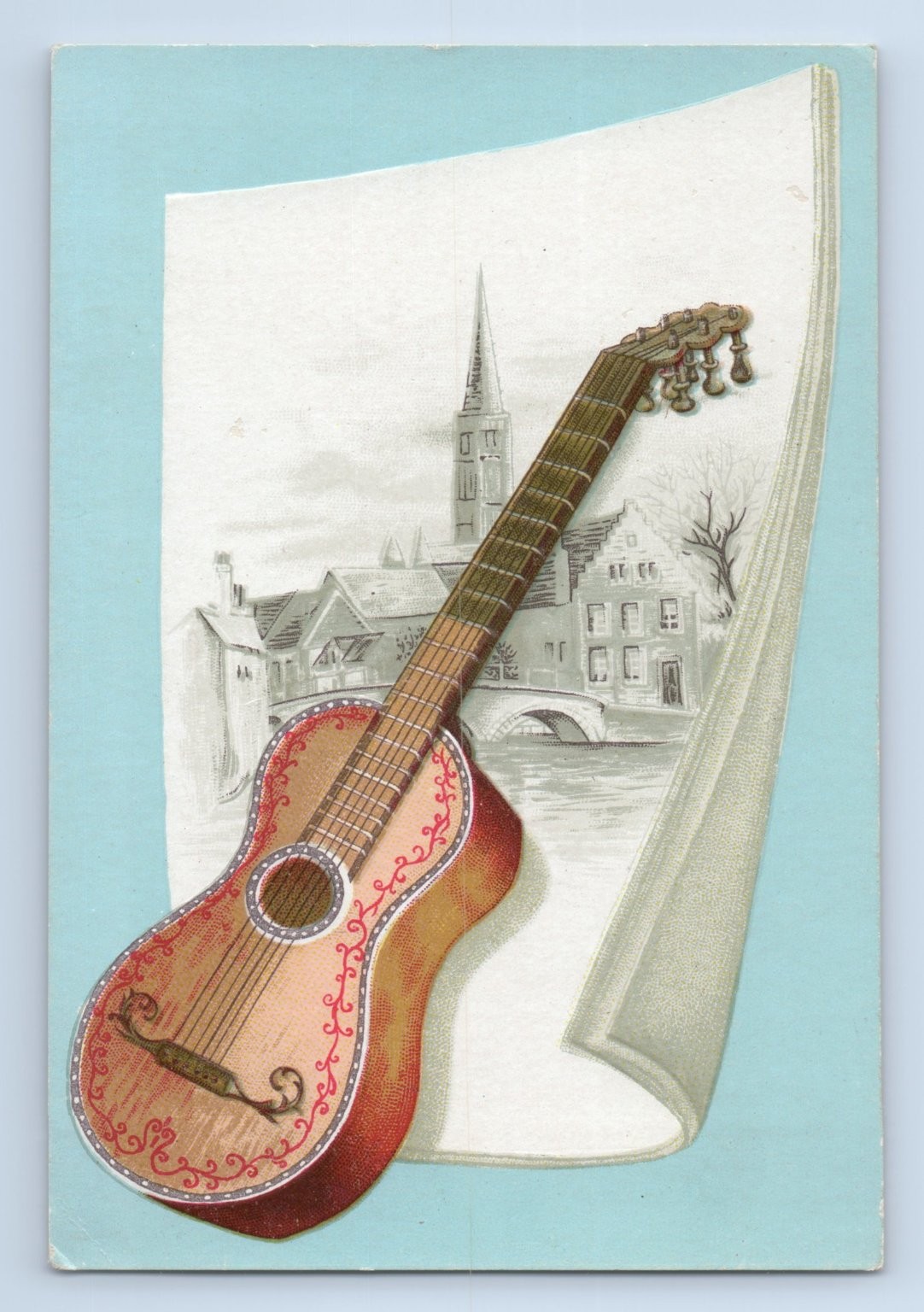Victorian Guitar & Canal Scene Trade Card Studley & Jarvis Grand Rapids MI