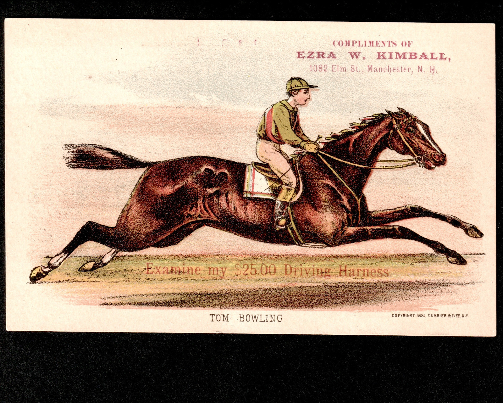 Currier & Ives © 1881 Tom Bowling Thoroughbred Horse Racing NH Trade Card SR.74