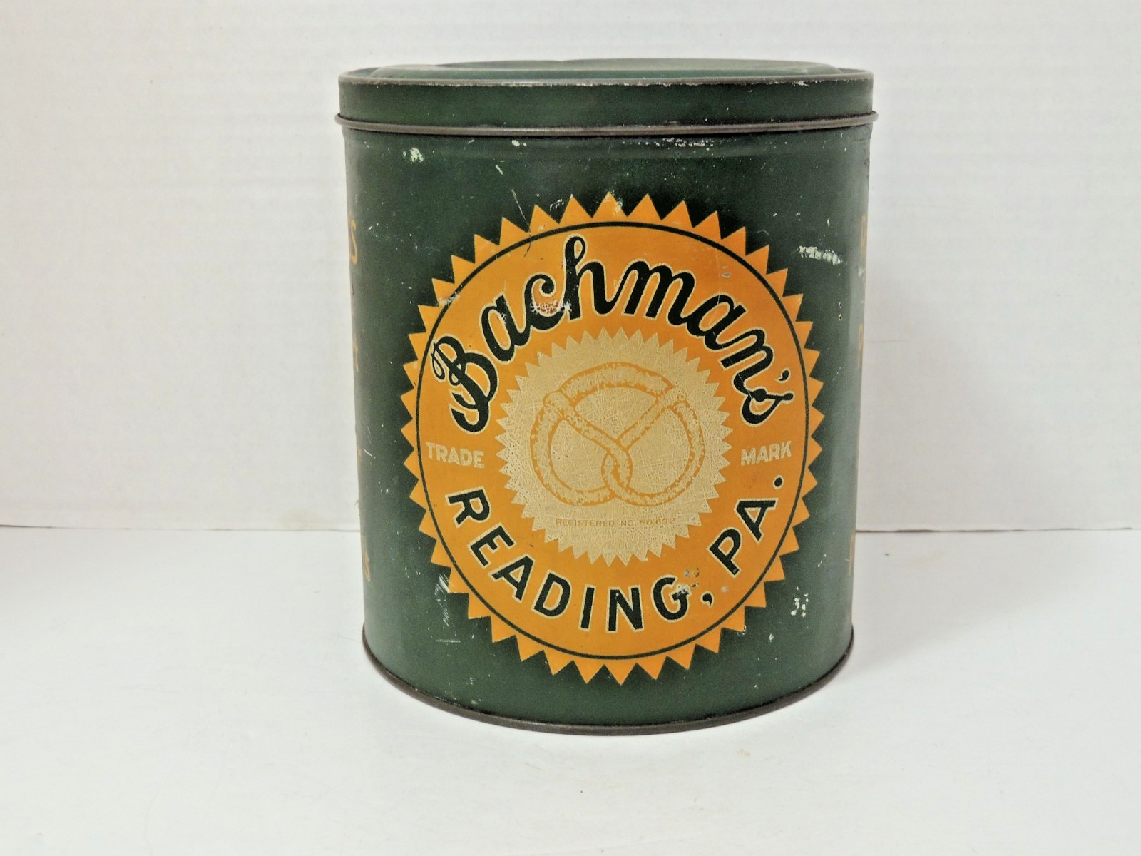 Vintage Bachman’s Early Butter Thin Pretzels Tin, Rare Green, Reading, PA 12oz