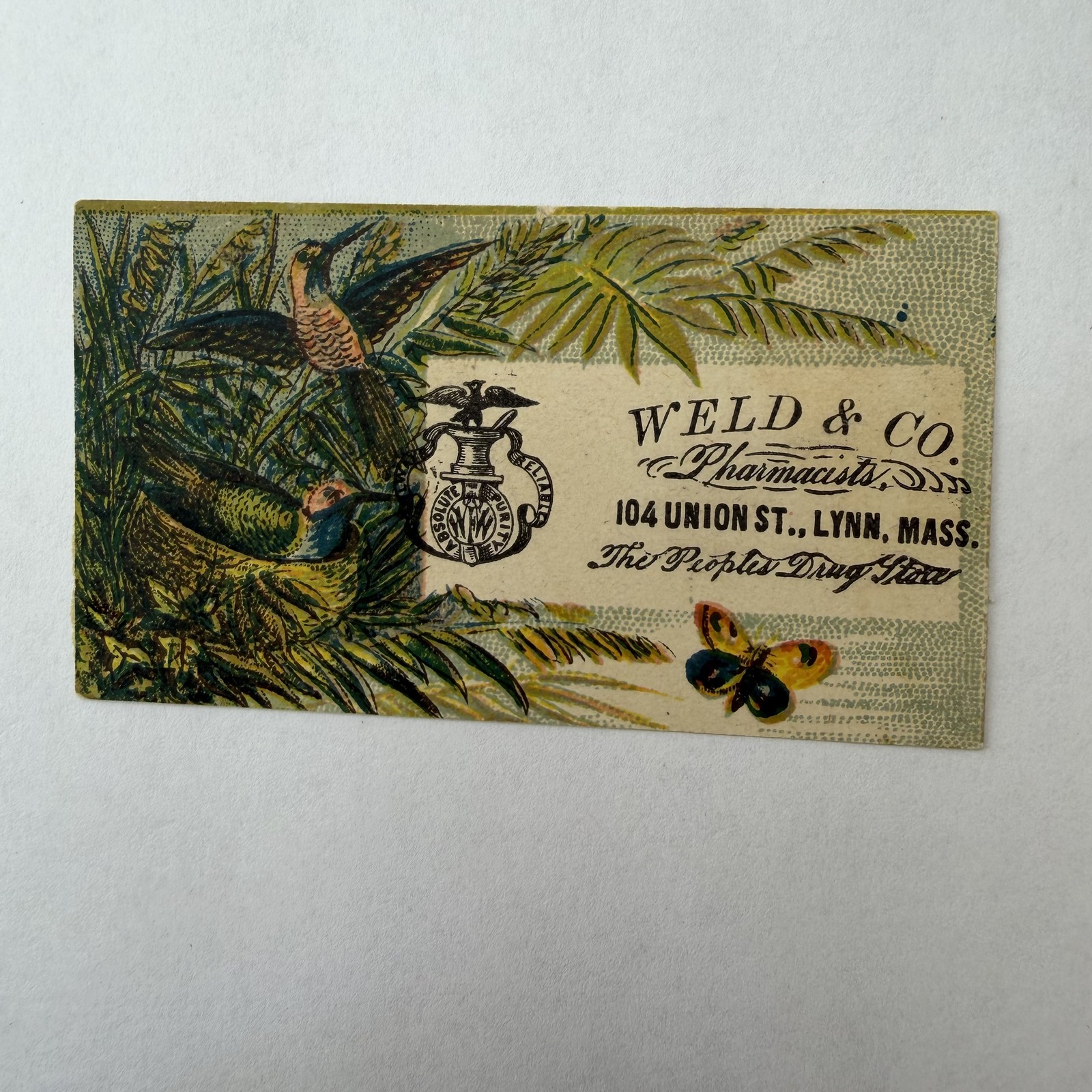 Lynn MA Weld & Co Pharmacists Hummingbirds Nest Butterfly Victorian Trade Card