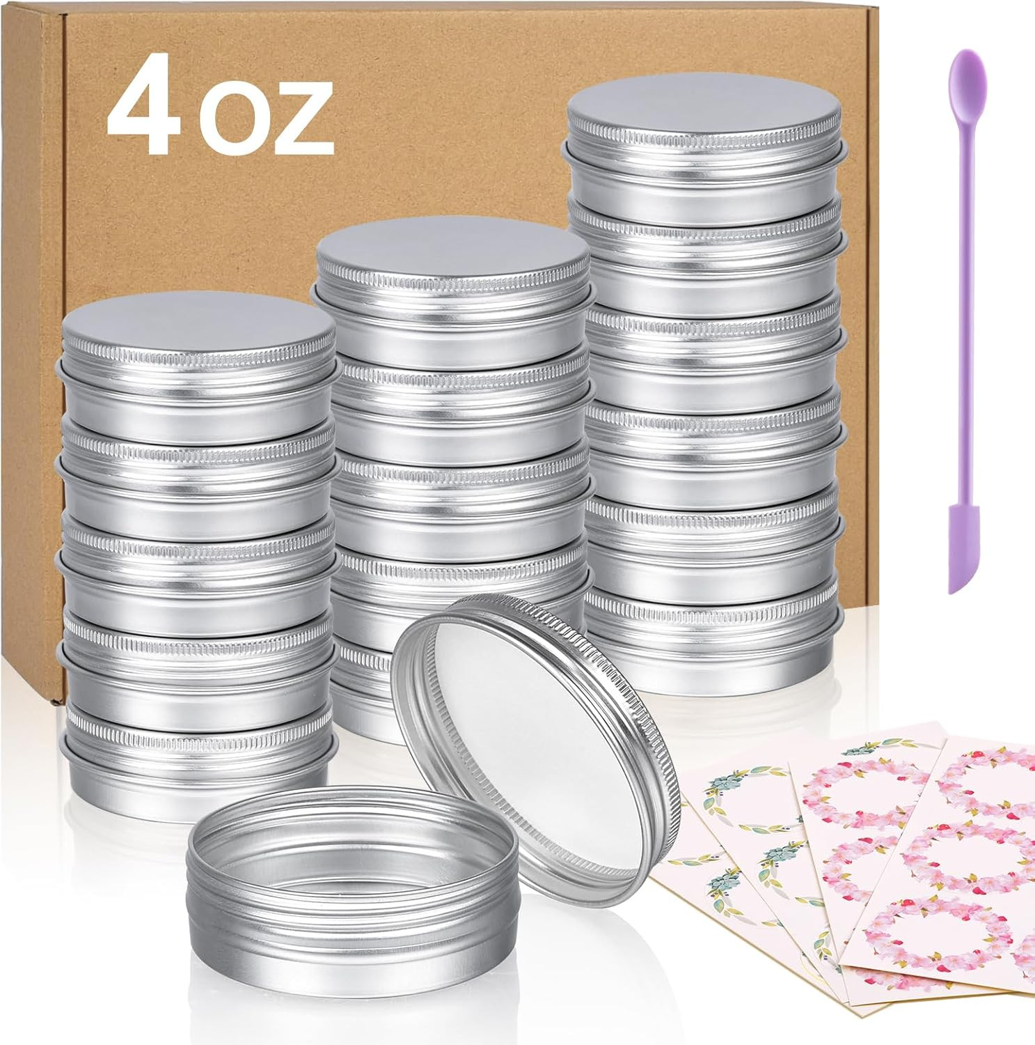 Aluminum Tin Cans, 24Pcs 4 OZ Metal round Tins Containers with 4Pcs Stickers and