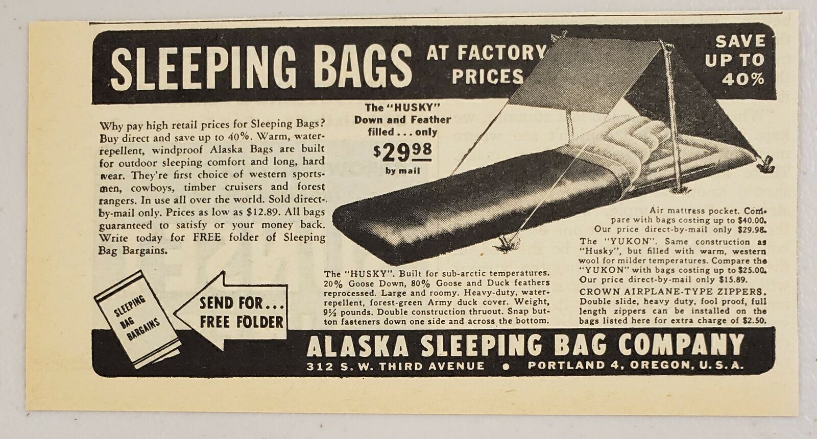 1945 Print Ad Husky Down Sleeping Bags Alaska Sleeping Bag Co. Portland,OR