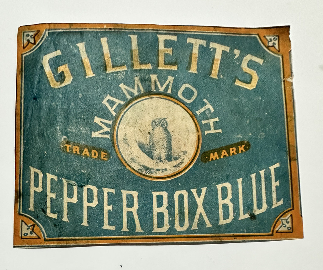 VICTORIAN PRODUCT LABEL GILLETT’S Mammoth Pepper Box Blue A96