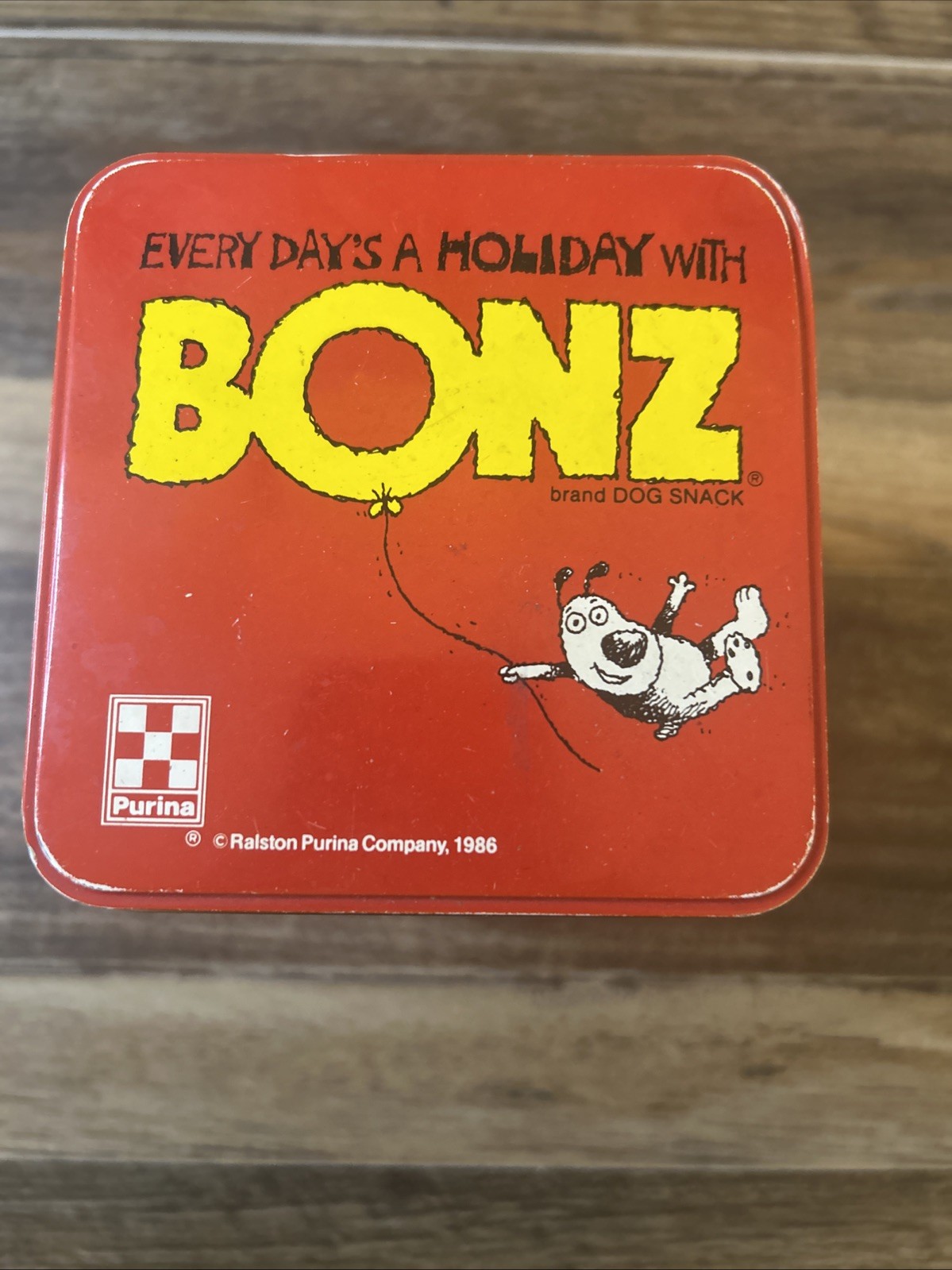 Vintage Bonz 1986 Ralston Purina Dog Treat Tin Dental Treats Vet Decor Patina