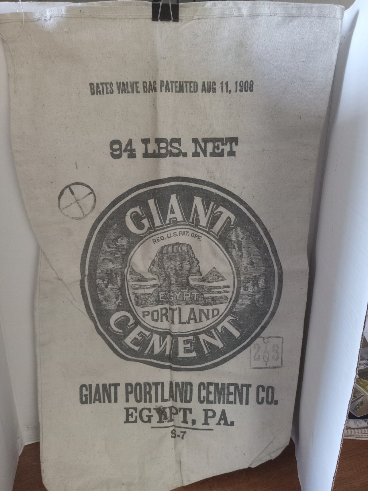 Egypt PA Giant Portland Cement Company Cloth Bag Sphinx Pat 1908 94LB 16″ X 29″