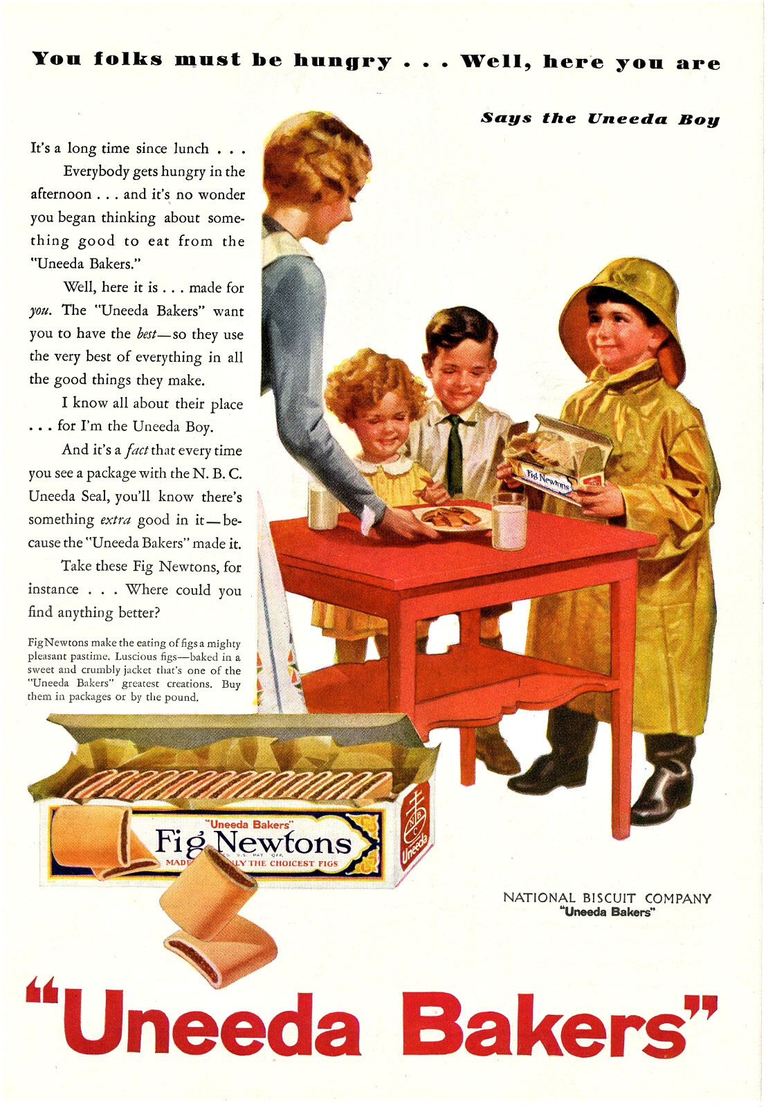1930 Original Fig Newtons Color Ad. Boy in Raincoat. Uneeda Bakers/Natl Biscuit