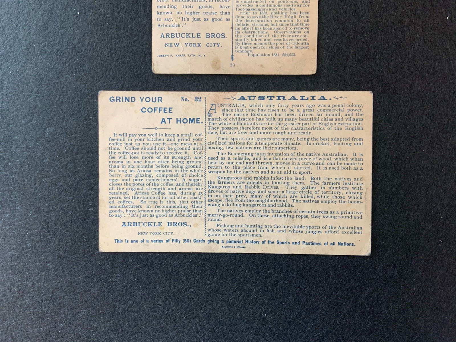 ARBUCKLE COFFEE 2 TRADE CARDS 1889 CALCUTTA INDIA + 1893 AUSTRALIA EXCELLENT