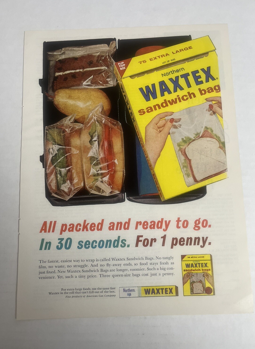 1962 Print Ad Northern Waxtex Sandwich Bags Fresh Sandwich Extra Large Bags