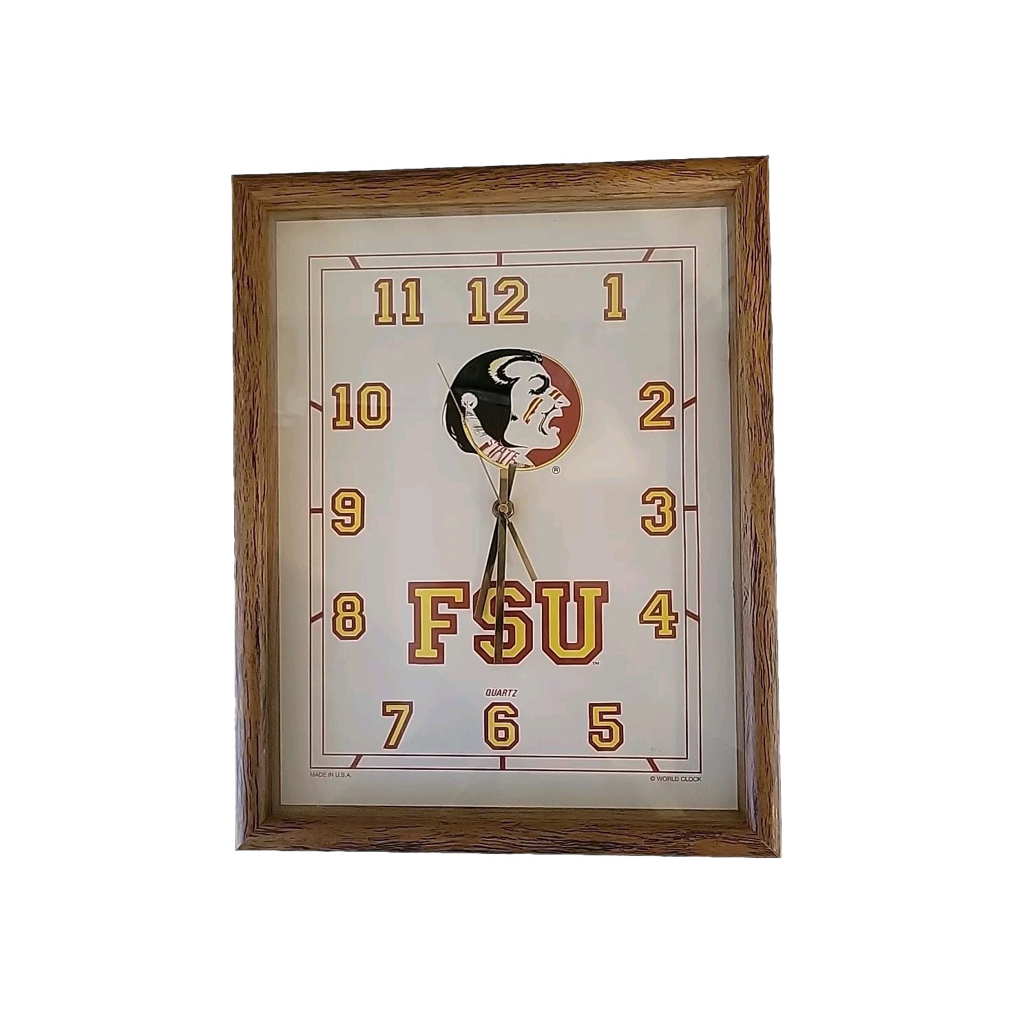 Vintage FSU Seminoles Wood Framed Glass Quartz World Wall Clock 14″ X 11″ USA