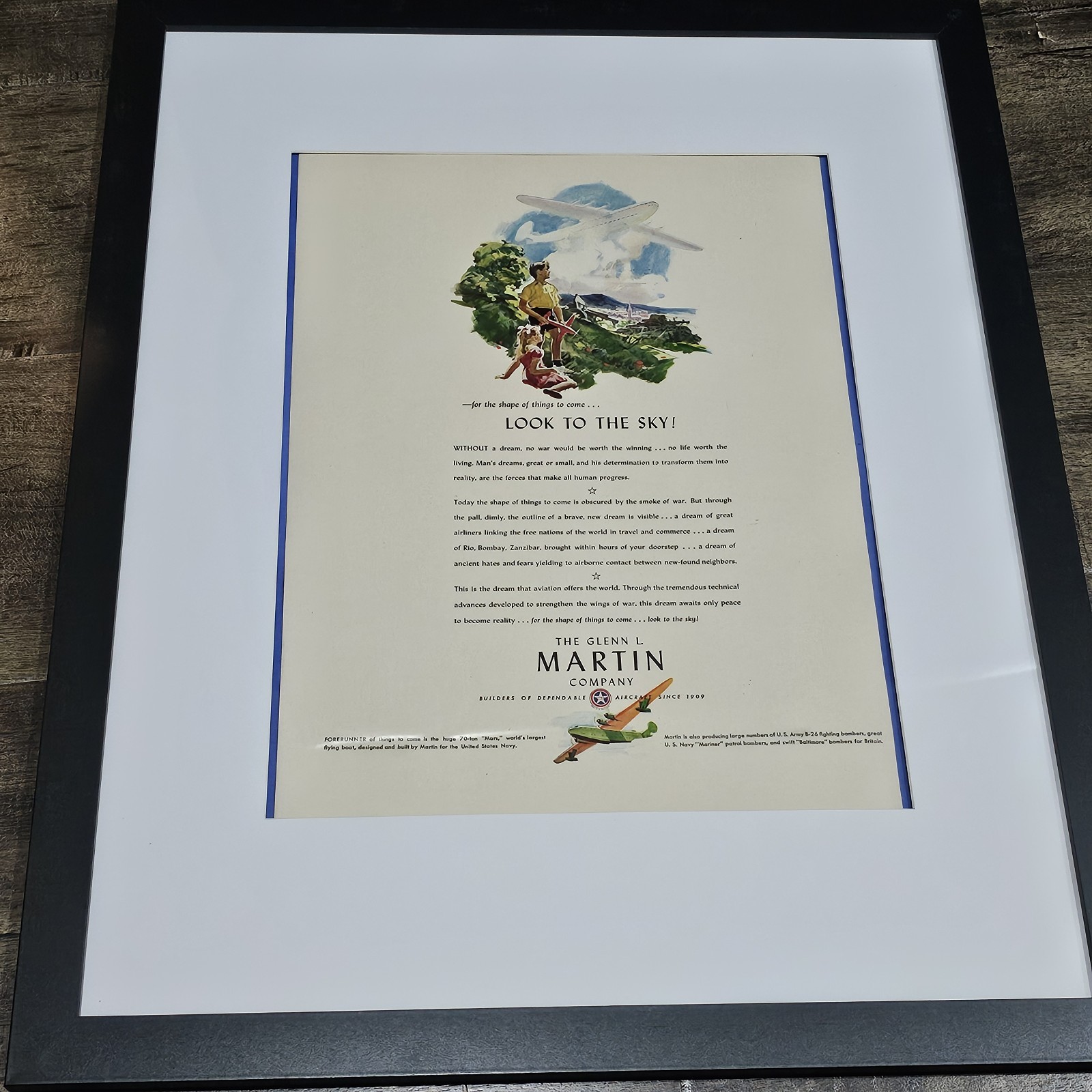 Vintage 1940s Glenn L. Martin Aircraft Ad – “Look to the Sky!” – Framed Mat WWII