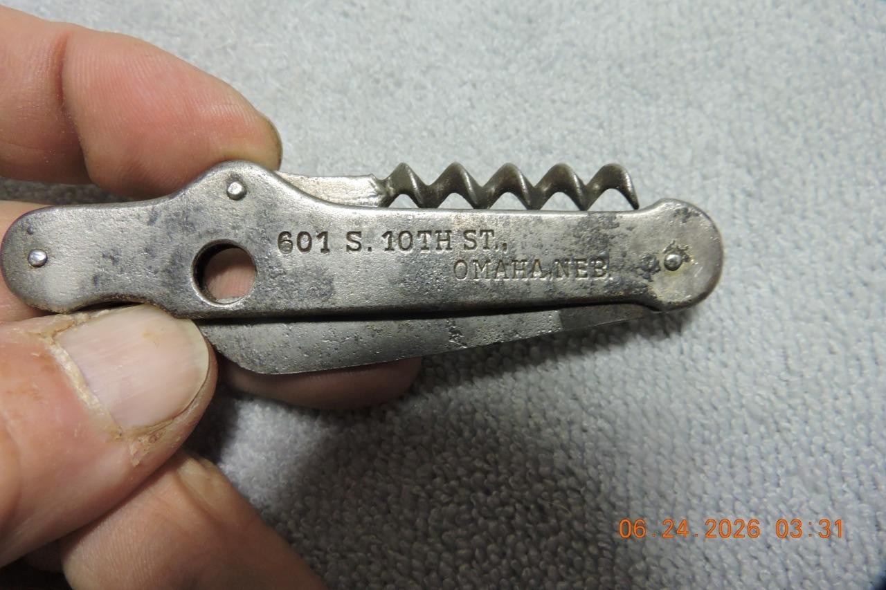 Antique Advertising Cork Screw Pocket Knife Cigar Cutter Steinmetz Omaha Neb